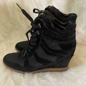 Sam Edelman black leather suede &textile lace up ankle wedge heels sneakers SZ10